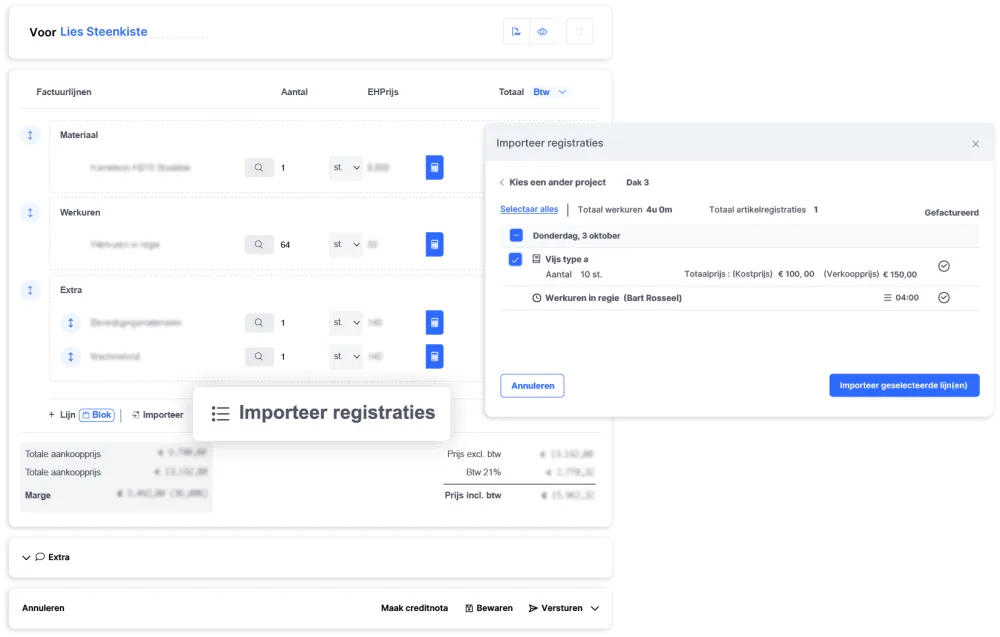 Registraties importeren naar factuur